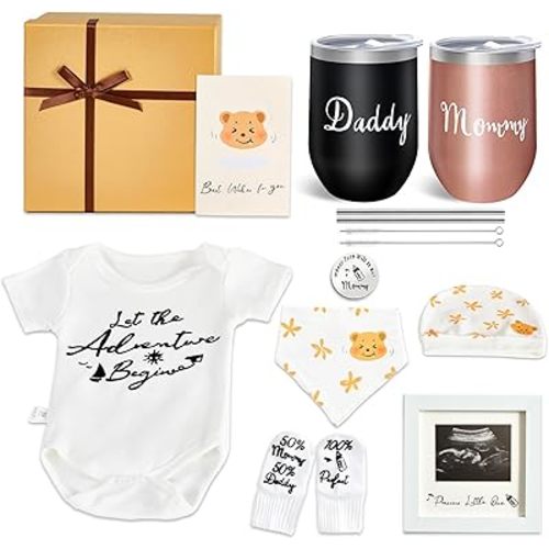 Gender Reveal Gifts, New Mom Gift for Women, Pregnancy Gifts for New Parents, Baby Gift Basket with Mom and Dad Tumbler Set for Couples, First Time Parents, Baby Shower
