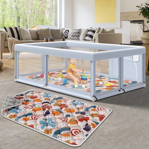 65" ×50" Large Baby Playpen with Mat, Baby Playard for Babies and Toddlers, Play Pens for Indoor & Outdoor, Sturdy Safety Play Yard with Soft Breathable Mesh, Anti-Fall, Grey