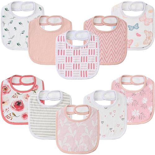 10 Pack Cotton Snap Bibs for Baby Boy Girl, Super Soft Drool Bibs for Teething and Feeding