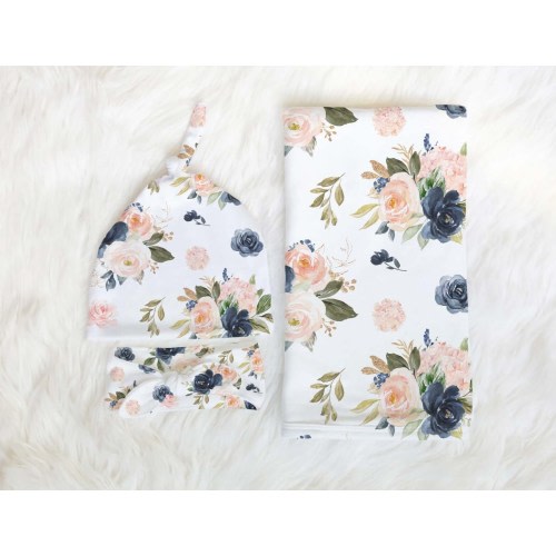 Swaddle Set Navy & Blush Pink Floral - Girl Blanket - Newborn Blanket Set - Baby Shower Gift - Floral Nursery Bedding