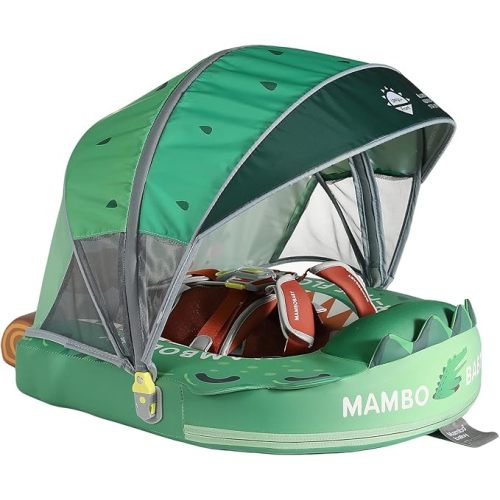 Mambobaby Float Non-Inflatable Baby Float with Canopy Five-Point Safety System 3D Canopy(Detachable) UPF 50+ Infant Pool Floats 3-24 Months Air-Free Pearl-Foam Dual-Mode Toddler Swim Floaties