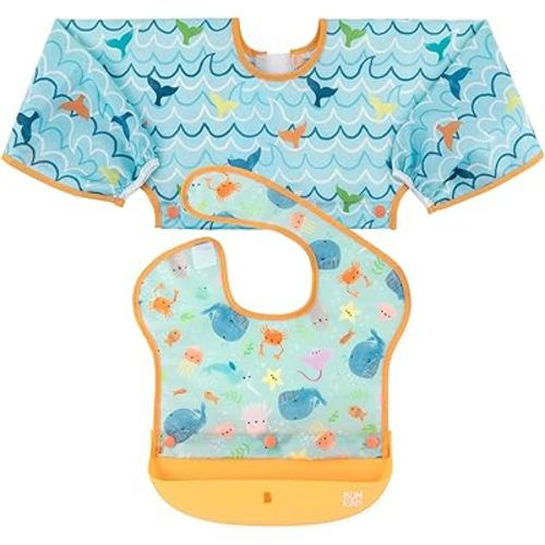 Bumkins Silicone Bibs for Girl or Boy, Baby and Toddler 6-24 Mos, Essential Must Have for Eating, Feeding, Combination Fabric SuperBib and Long Sleeve, Attachable Pocket Food Catcher, Ocean Life Blue