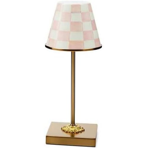 MACKENZIE-CHILDS LED Rechargeable Cafe Table Lamp, Cordless Decorative Lamp, Pink-and-White Rosy Check
