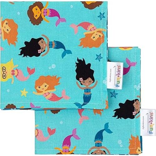 Funkins Reusable Cloth Napkins for Kids | 12”x12”, 2-Ply, Thick, Absorbent, Durable | Machine Washable | Name Tag | Soft Cotton Fabric | Great for School Lunchboxes | Set of 2 Napkins (Mermaids)
