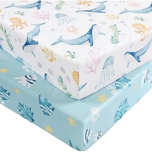Pack and Play Sheets for Boys Girls, 38" x 26" Mini Crib Sheets Fitted for Pack n Play Mattress, Soft Breathable Playard Sheets, 2-Pack Blue Ocean