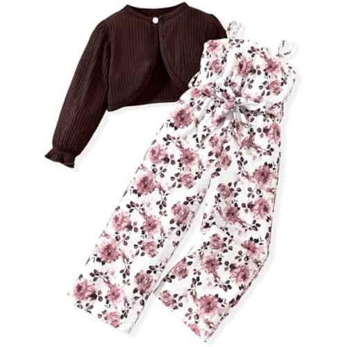 Toddler Little Girl 2 Piece Outfits Long Sleeve Ribbed Knitted Cardigan And Sleeveless Jumpsuit