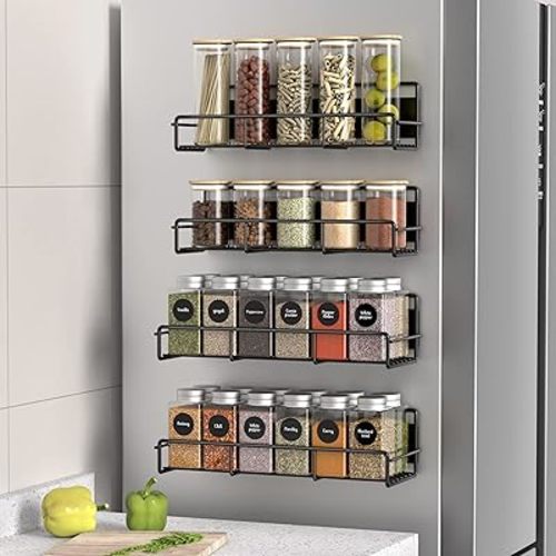 4 Pack Magnetic Spice Rack Organizer for Refrigerator and Microwave Oven, Metal Fridge Shelf for Kitchen, Black