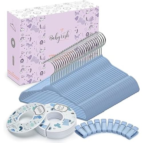 Unisex Nursery Closet Organizer Set - 30X Velvet Hangers for Baby Clothes with 8X Closet Size Dividers (Newborn Infant to Toddler) and 10X Hanger Clips - All in Cute Box (Blue)