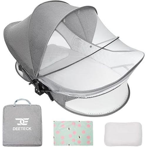 Portable Baby Travel Bassinet: Sturdy & Foldable Baby Bassinets with Storage Bag for Indoor & Outdoor - Baby Bed with 2-1 Mosquito Net & Sunshade Canopy Washable for Infant Newborn Gray