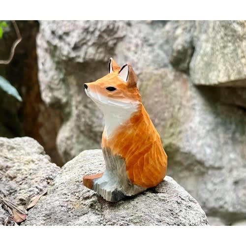 Handmade Red Fox Figurine Wooden Decor Ornament, Wooden Fox Art Carving for Housewarming, Handcrafted Wood Animal Figurine for Animal Lovers