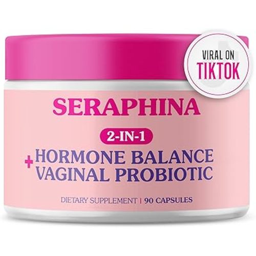 Seraphina Vaginal Probiotics 2-in-1 for Women + Hormone Balance - 90 Capsules Complete Feminine Care, PMS & Urinary Tract Health, Prebiotic Blend, 10 Billion CFU, 6 Strains (90 Count (Pack of 1))