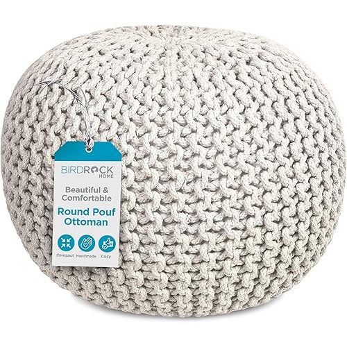 BIRDROCK HOME Round Pouf Ottoman | Cotton Braided Foot Stool with Bean Bag Filling | Boho Foot Rest for Living Room & Bedroom | Compact & Comfortable Seating, Lightweight & Soft | Natural