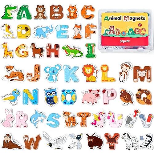 JoyCat Wooden Fridge Magnets for Kids – 26 Cute Animals & Uppercase Letters for Toddlers, Magnetic Alphabet Refrigerator Toys, Fun Educational Learning Gifts for Preschool 2 3 4 5 Years Old