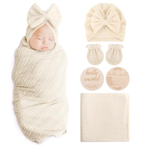 AQOKKA Newborn Baby Receiving Blankets Girl with Bow Hat Mittens Wooden Birth Card Set Wheat-Pattern Baby Swaddles for Newborns Toddler Gift
