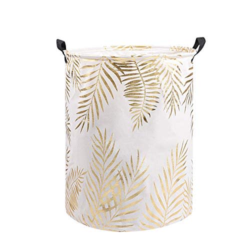 UUJOLY Collapsible Laundry Basket, Laundry Hamper with Handles Waterproof Round Cotton Linen Laundry Hamper Printing Household Organizer Basket, 19.7x15.7 inches (Gold leaf)