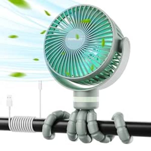 Momcozy Portable Stroller Fan, 8000mAh, 27H Ultra-long Battery Life, Detachable 4 Speed 360°Rotate, LED Night Light with 2 Modes, USB Rechargeable Handheld Cooling Fan for Travel, Car Seat, Bedroom - Sage Green