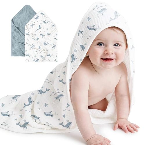 Konssy 2-Pack Muslin Hooded Baby Towels (Blue, Blue Whale, 32" x 32")