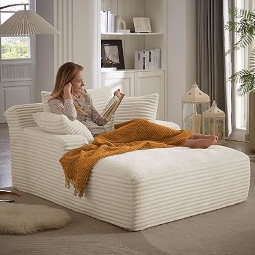 49" Chaise Lounge Indoor, Oversized Chaise Lounge Chair with 3 Comfy Pillows for Living Room Bedroom, Wide Arms Corduroy Fabric High-Density Foam No Assembly Required (White)