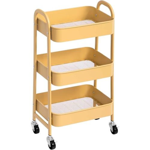 AGTEK 3 Tier Rolling Cart with Lockable Wheels, Metal Utility Cart, Multifunctional Storage for Kitchen, Office, Living Room, Makeup, Craft, Art Studio, Khaki