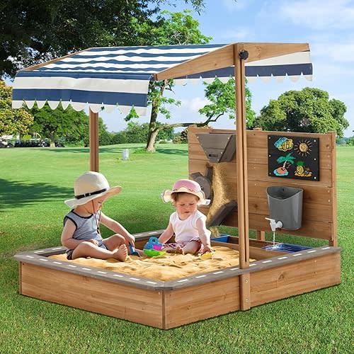 Kids Large Wooden SandBoxes with Roof, Pipleo Outdoor Sand Box Play w/Canopy for Backyard Garden Beach, Sand Pit for Beach Patio Outdoor, [Adjustable Cover & Sand Funnel & Drawing Board] - Brown Oak