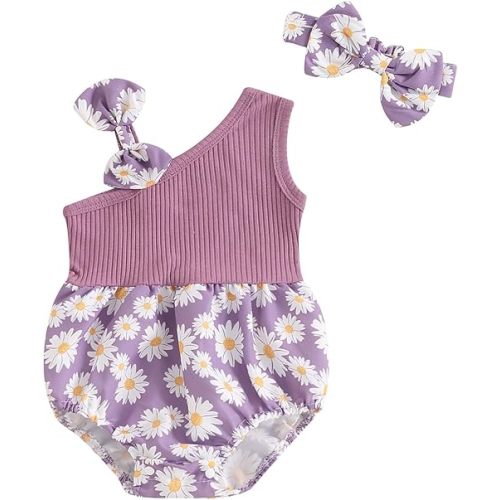 Baby Girl Summer Romper Daisy Jumpsuit Floral Sleeveless Onesie Newborn Infant Girl Clothes Outfits Headband Set