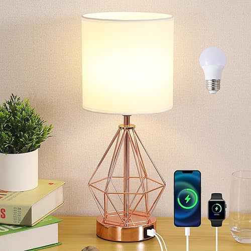 Rose Gold Touch Control Small Table Lamp,Dimmable Bedroom Bedside Nightstand Lamp with USB C+A Charging Port,Desk Lamp with Geometric Metal Base White Fabric Shade for Living Room Office
