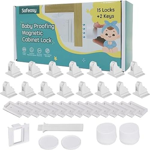 15 Pack Magnetic Cabinet Locks Baby Proofing, Safeasy Child Safety Latches for Cabinets, Drawers & Cupboards, Quick-Adhesive Installation (15 Locks + 2 Keys)