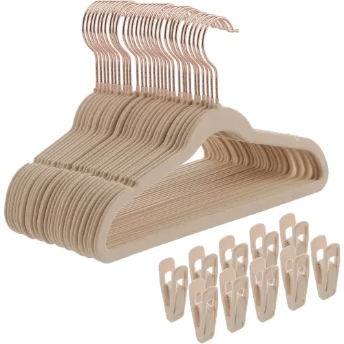 Kids Velvet Hangers 30 Pack - 14'' Inch Premium Non Slip Kids Felt Hangers for Clothes - Ultra Thin Baby Felt Hangers for Youth Childrens' Closet with 10 Hanger Clips - Beige