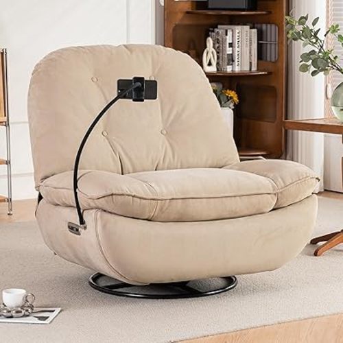 Smart Oversized Electric Recliner Chair, 360° Round Swivel Rocking Glider Rocker for Adults Modern Comfy Ergonomic Chaise Lounge Indoor, Theater Seating Living Room Chairs Reading, Soft Camel Fabric