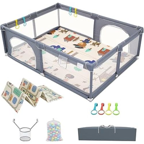 200*180cm Baby Playpen with Mat, ManKiaPro Large Play Pens for Babies and Toddlers with 50 Ocean Balls, 4 Pull Rings, Sturdy Baby Fence Play Yard for Indoor & Outdoor Safety Baby Activity Center with Breathable Mesh, Anti-Slip Suckers and Zipper Gate