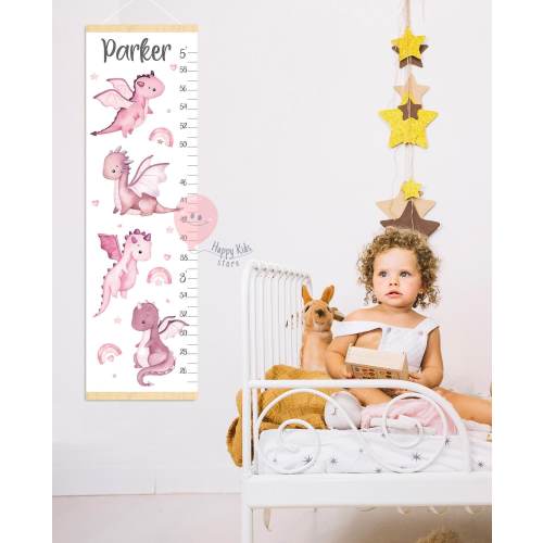 Dragons height chart Personalized girls growth chart Pink dragons baby room Nursery decor