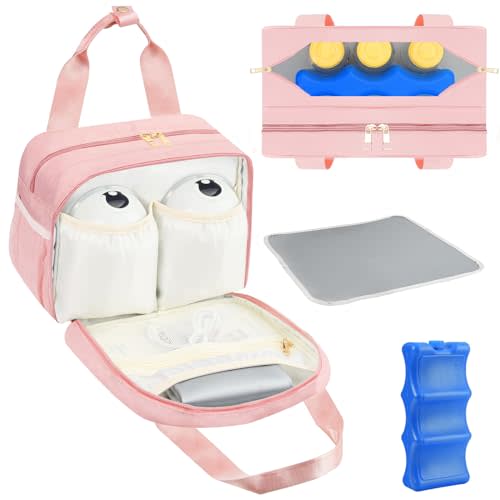 PIIOSER Breastmilk Cooler Bag with Ice Pack, Compatible with Wearable Breast Pumps & Accessories - Portable Pumps Carrying Case for Nursing & Working Moms, Pink