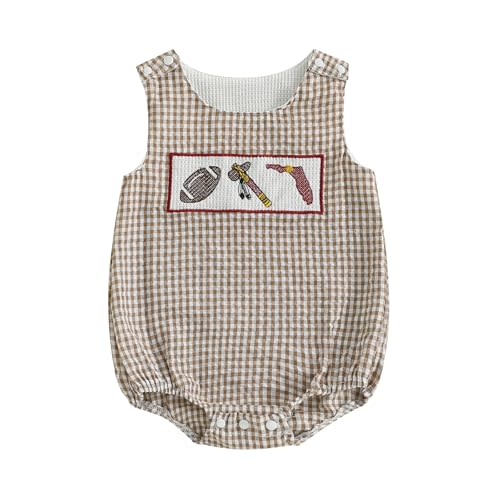 Ysfanwuxi Baby Girl Boy Football Outfit College Football Bubble Romper Sleeveless Plaid Overalls Bodysuit Game Day Clothes