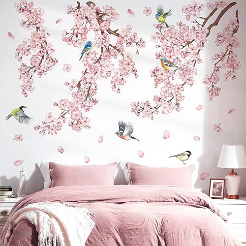 decalmile Large Cherry Blossom Tree Branch Wall Decals Pink Flower Vine Birds Wall Stickers Girls Bedroom Living Room Nursery Wall Decor