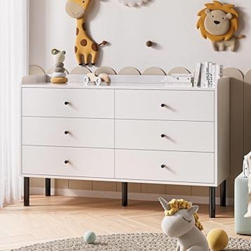 LYNSOM White Dresser for Bedroom, 6 Drawer Dresser with Wide Drawer and Metal Handles, Modern Dressers & Chests of Drawers for Hallway Entryway