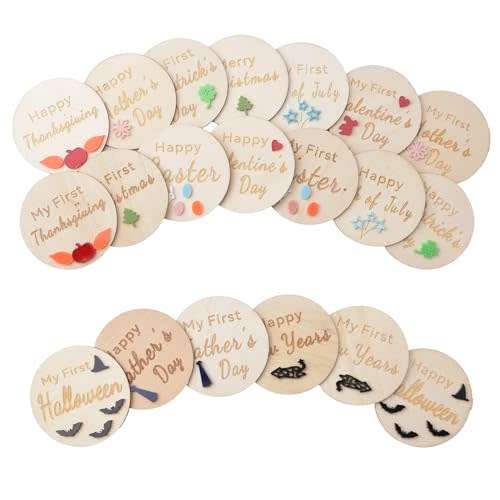 URROMA 20 Pcs Wooden Baby Holiday Milestone Set, Happy Holiday Round Discs Baby Birth Announcement Sign First Holiday Growth Cards Photo Card Props Baby Shower