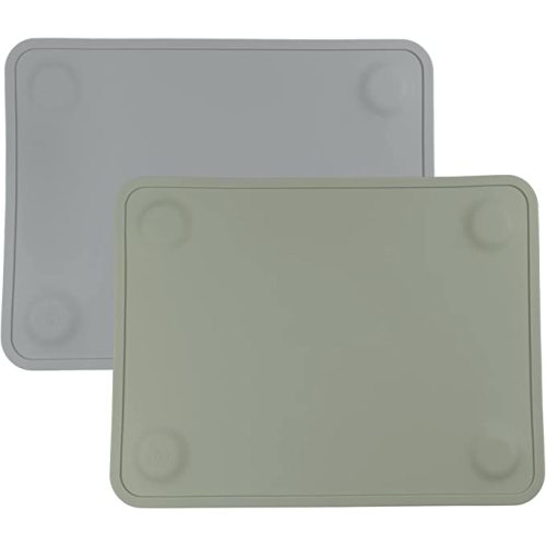 WeeSprout Silicone Suction Placemats for Babies, Toddlers & Kids, Durable Food Grade Silicone with Non-Slip Suction, Dishwasher Safe, for Dining Table & Restaurants + Travel Case, 2 Pack - Large - Matte Dark Gray, Green