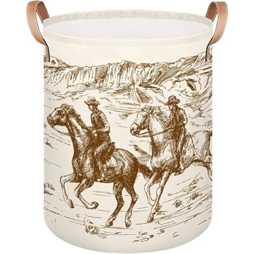 Large Laundry Basket Collapsible Clothes Toy Storage Bin Desert Horse Round Freestanding Laundry Hamper for Boy Kids Bedroom Bathroom Nursery Decor 16"W x 20"H (Western Cowboy)