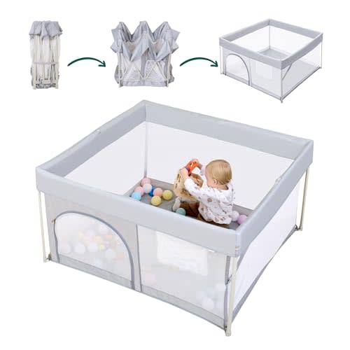BABELIO Foldable Baby Playpen 50" × 50", Portable Playard for Babies and Toddlers, No Assembly Required, Indoor & Outdoor Kids Safety Play Pen Area, Travel Fence, Grey