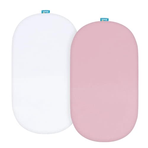 Bassinet Sheets Fit for Rectangle, Hourglass or Oval Bassinet Mattress, Universal Fitted Sheet Set for Various Bassinet Mattress Pad, 2 Pack, Ultra Soft Microfiber Sheets, White & Pink