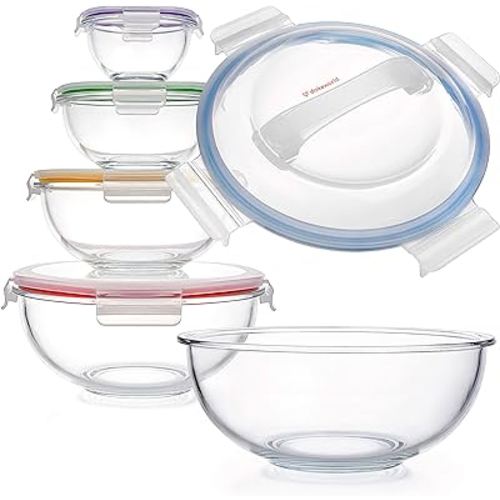 Glass Mixing Bowls - Nesting Bowls - Space-Saving Glass Bowls with Lids Food Storage - Set of 5 Stackable Microwave Glass Containers - Storage Bowls with Lids Bpa Free - Bowls for Cooking