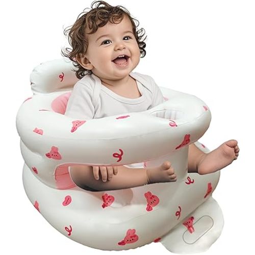 Inflatable Baby Seat for Babies 3-36 Months, Baby Chair with Fence & Built in Air Pump, Blow Up Floor Baby Seat with Back Support, Inflatable Baby Chair Sit Me Up for Home, Travel Pink Rabbit Fence
