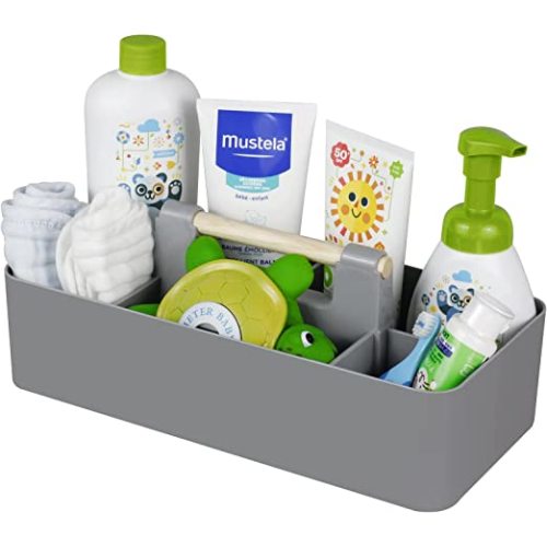 Baby Shower Caddy Plastic Nursery Portable Storage Organizer Caddy Tote for Child/Kids, Divided Basket Bin with Wood Handle for Bathroom, Dorm Room, Holdsn Bottles, Spoons, Gray