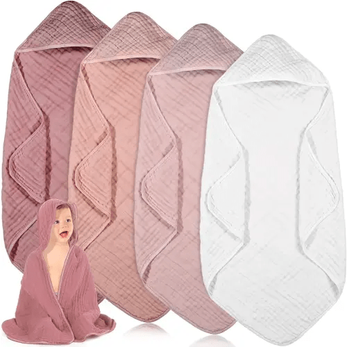 Peryiter 4 Pcs Muslin Hooded Baby Towels,32"x 32" Cotton Newborn Bath Towel Muslin Infant Baby Towels Absorbent Unisex Hooded Blankets,Newborn Registry Baby Gift for Girls Boys (Light Pink)