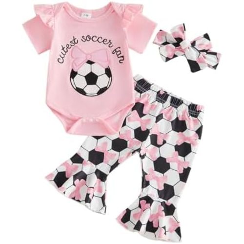 Newborn Baby Girl Soccer Outfit Cutest Soccer Fan Bow Romper Bell Bottom Flare Pants Set 3Pcs Infant Summer Clothes
