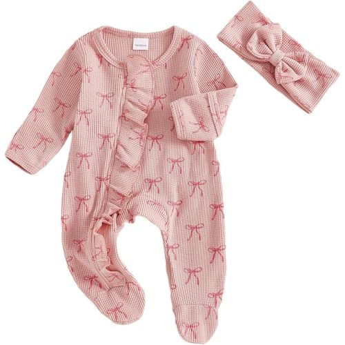 Newborn Baby Girl Outfits Bow/Plaid Print Footed Jumpsuit Ruffle Zipper Romper Cute Fall Baby Coming Home Outfit