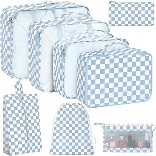 8 Set Packing Cubes for Travel, Luggage Packing Organizers Accessories Large Toiletries Bag for Clothes Shoes Cosmetics (Blue Checkered)