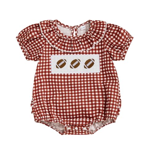Newborn Baby Girl Football Outfits Short Sleeve Plaid Bubble Romper Smocked Ruffle Rugby Bodysuit Summer Clothes