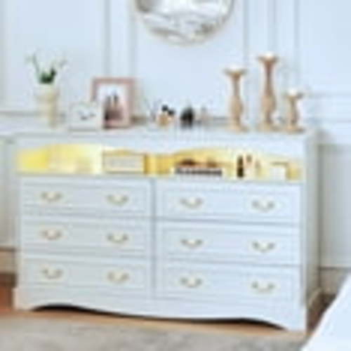 JanflyHome 6 Drawer Dresser for Bedroom, Modern Farmhouse Chest of Drawers, Wood Closet Dressers with Lights, Vertical Dressers Lingerie Storage Organizer, Living Room, Hallway, Whit