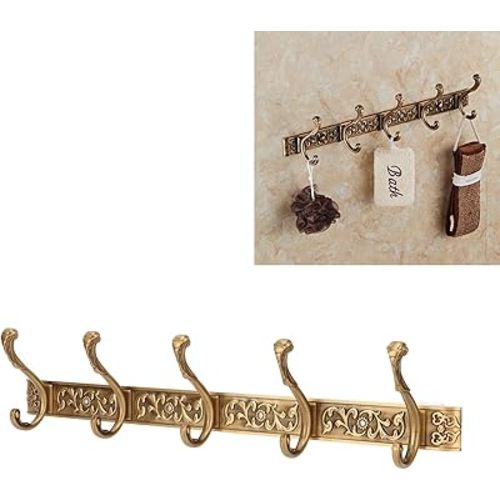 Coat Rack Wall Mounted, Aluminum Wall Hooks for Hanging with 5 Hooks Vintage Gold Wall Mount Coat Rack Key Holder for Wall Hallway